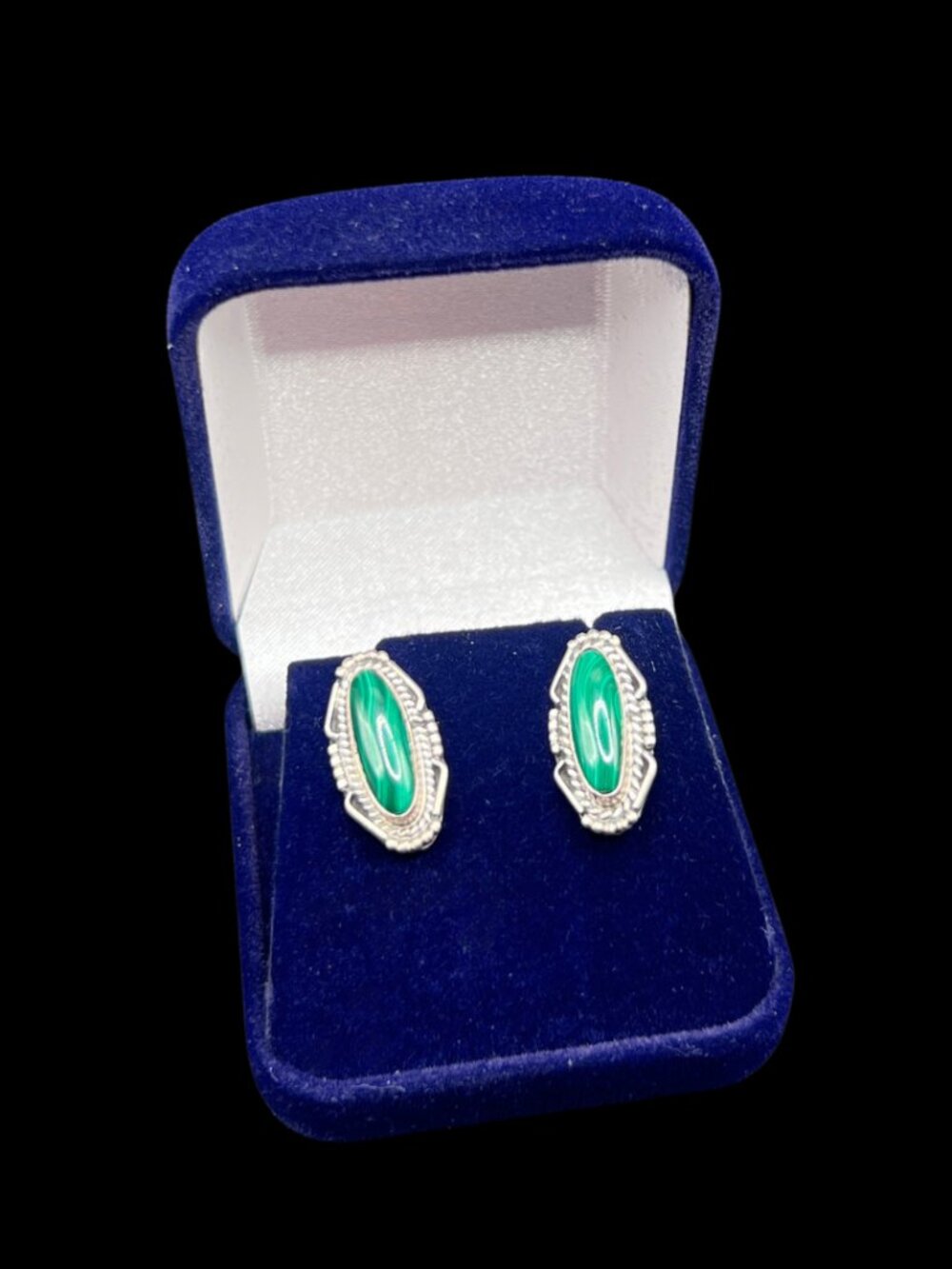 Vintage Native American Sterling Silver and Green Malachite Post Earrings - Picture 6 of 9